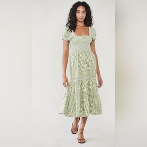 OPT Daphne Tiered Midi Dress Square Neck Gingham Green White Size XS